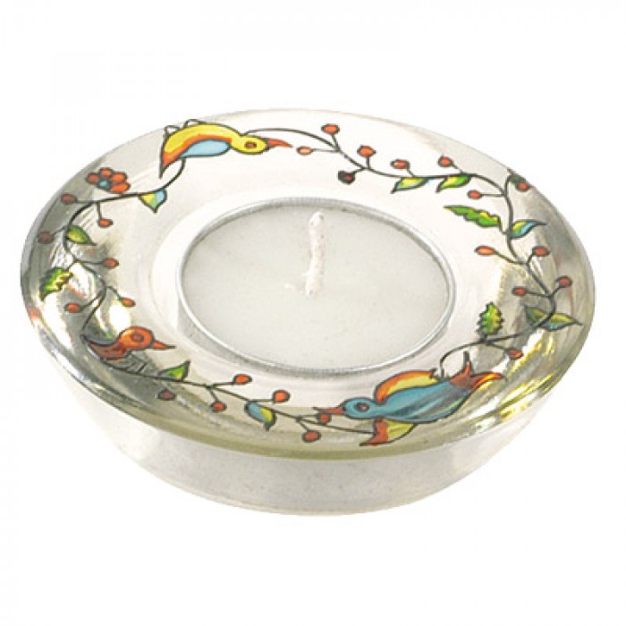 Yair Emanuel Glass Candle Holder with Bird and Flower Design