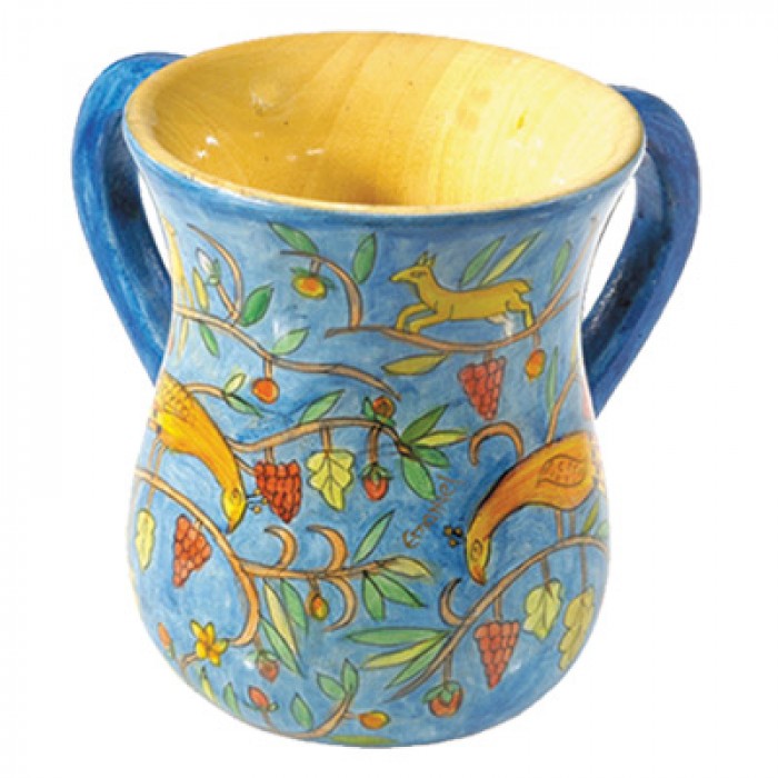 Yair Emanuel Ritual Hand Washing Cup with Fauna and Flora in Wood