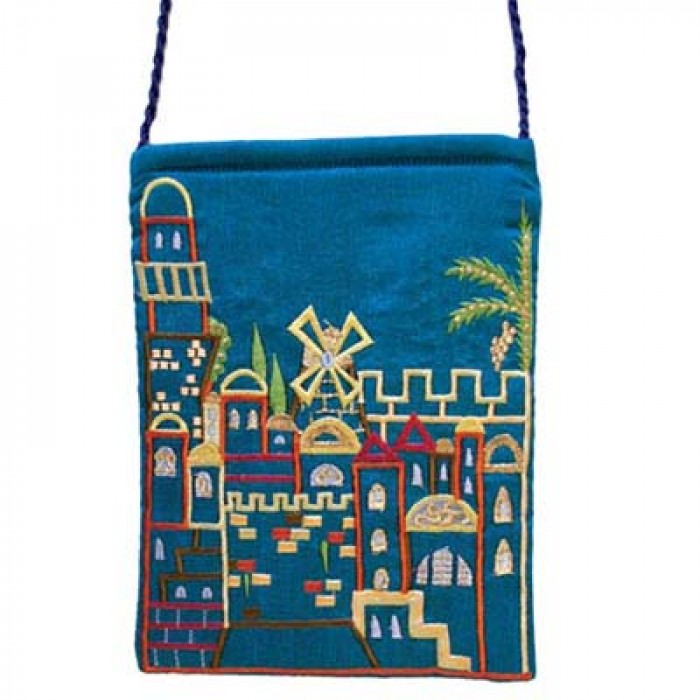 Yair Emanuel Turquoise Embroidered Handbag with Jerusalem Design
