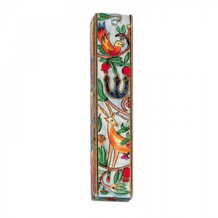 Yair Emanuel Small Wooden Mezuzah With Dear and Birds