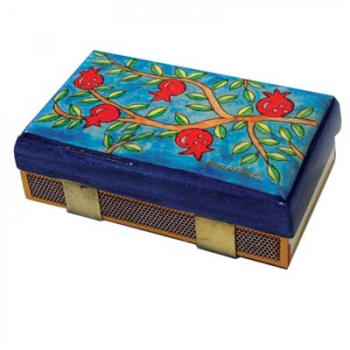 Yair Emanuel Kitchen Sized Wooden Matchbox Holder with Pomegranates Design