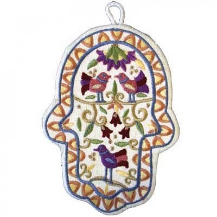 Embroidered Hamsa Hand with Lovely Birds Design by Yair Emanuel - Small
