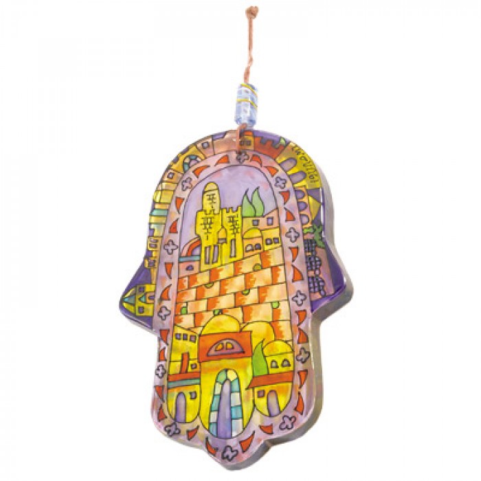 Painted Glass Hamsa with a Scene of Jerusalem by Yair Emanuel