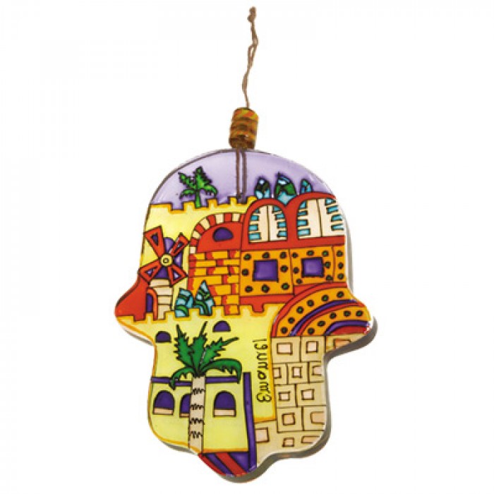 Painted Glass Hamsa by Yair Emanuel with a Jerusalem Scene