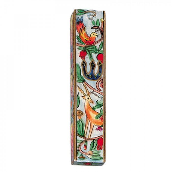 Yair Emanuel Mezuzah with a Deer and a Bird in Painted Wood