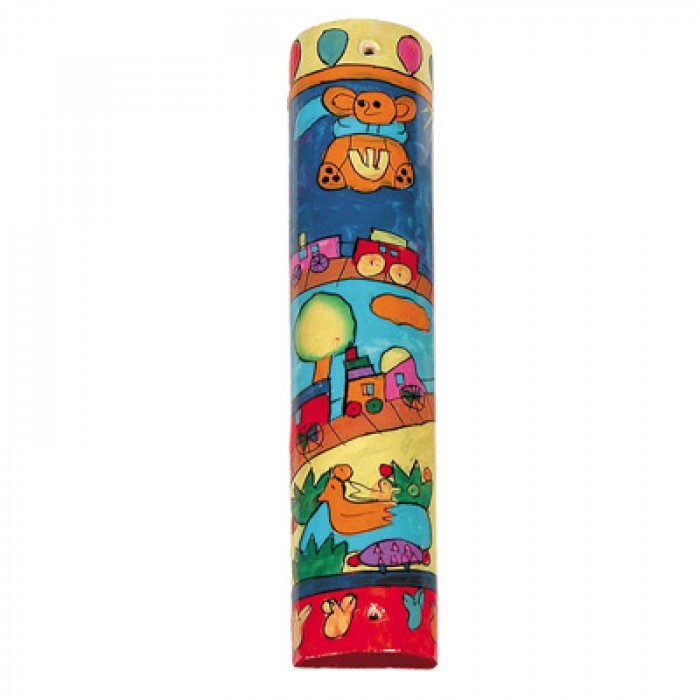 Yair Emanuel Mezuzah with a Teddy Bear and Other Toys in Painted Wood