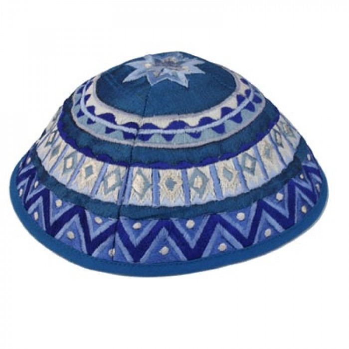 Yair Emanuel Blue Patterned Machine Embroidered Kippah