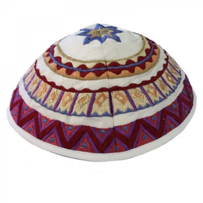 Yair Emanuel White and Magenta Patterned Machine Embroidered Kippah