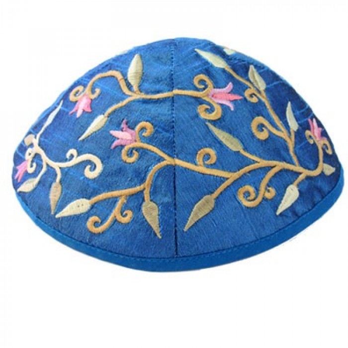 Yair Emanuel Blue Machine Embroidered Kippah with Floral Design