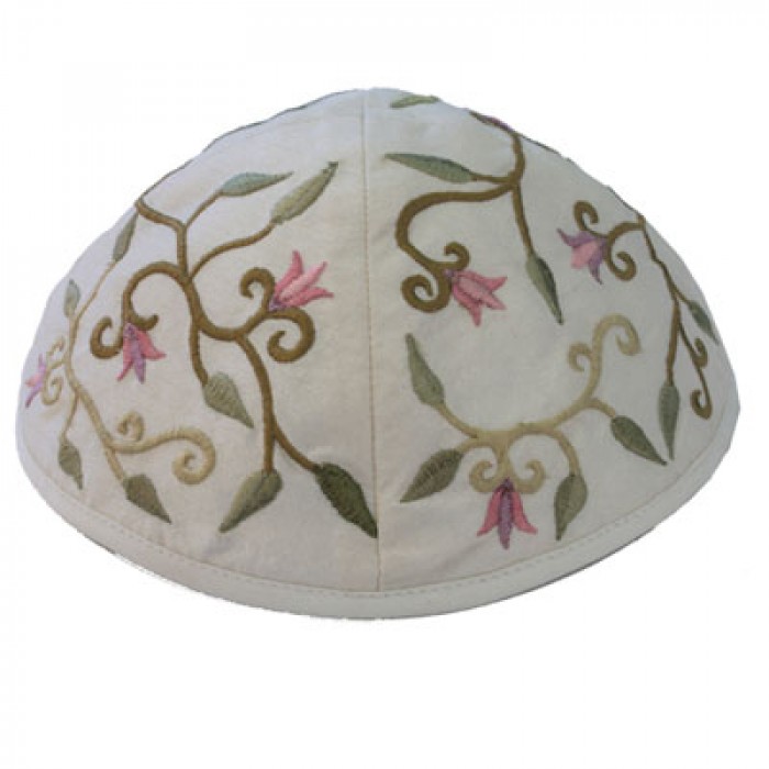 Yair Emanuel White Machine Embroidered Kippah with Floral Design