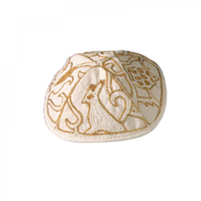 Yair Emanuel Gold and White Cotton Hand Embroidered Kippah with Jerusalem Design