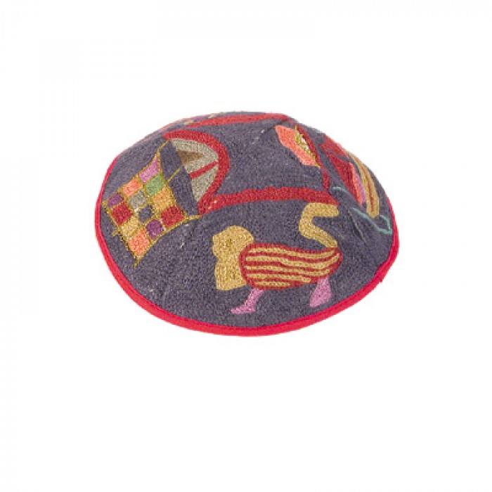 Yair Emanuel Gray and Red Cotton Hand Embroidered Kippah with Lion Motif