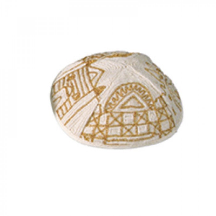 Yair Emanuel White and Gold Cotton Hand Embroidered Kippah with Jerusalem Motif