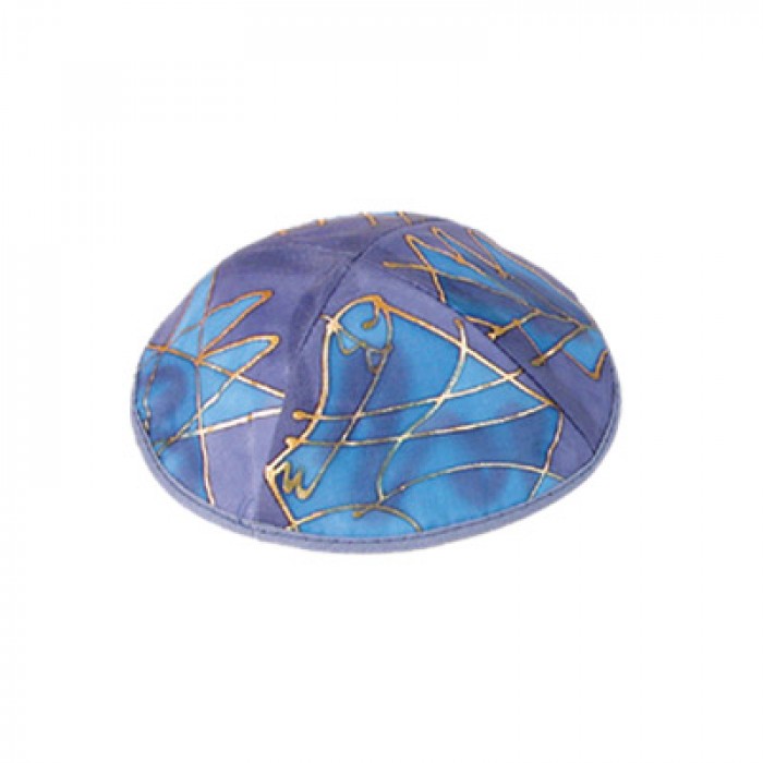 Yair Emanuel Blue and Purple Silk Kippah with Gold Threading