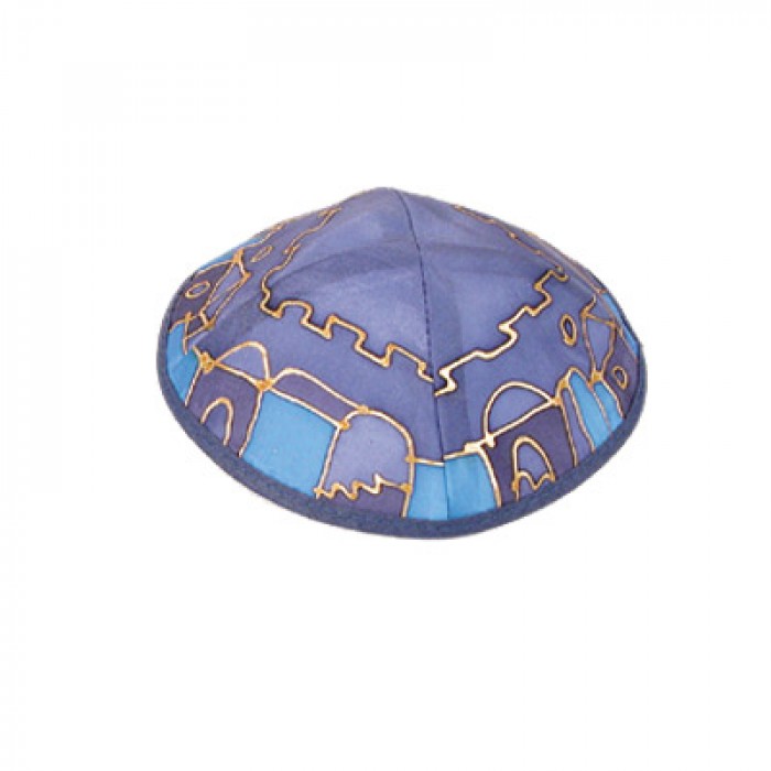Yair Emanuel Blue and Purple Silk Kippah with Jerusalem motif