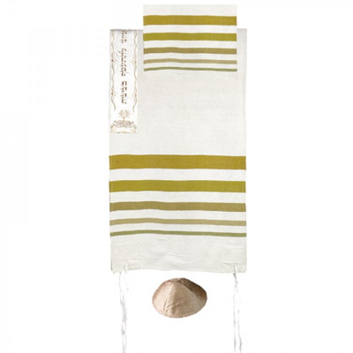 Yair Emanuel Hand Woven Raw Silk Tallit with Gold Stripes and Embroidery