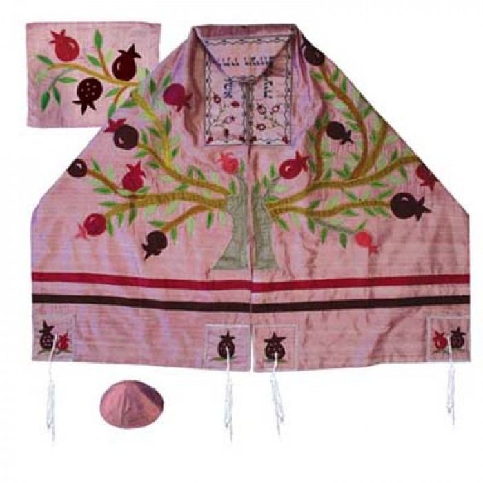 Yair Emanuel Tallit Set – Pomegranates on the Tree of Life on Pink