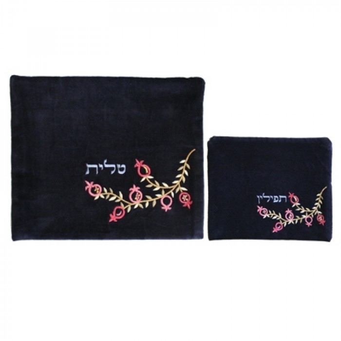 Yair Emanuel Embroidered Tallit and Tefillin Bag Set with Pomegranates in Velvet