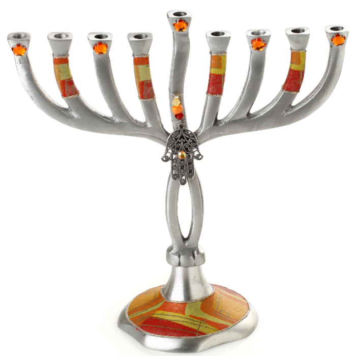 Branched Menorah With Hamsa and Orange Covers