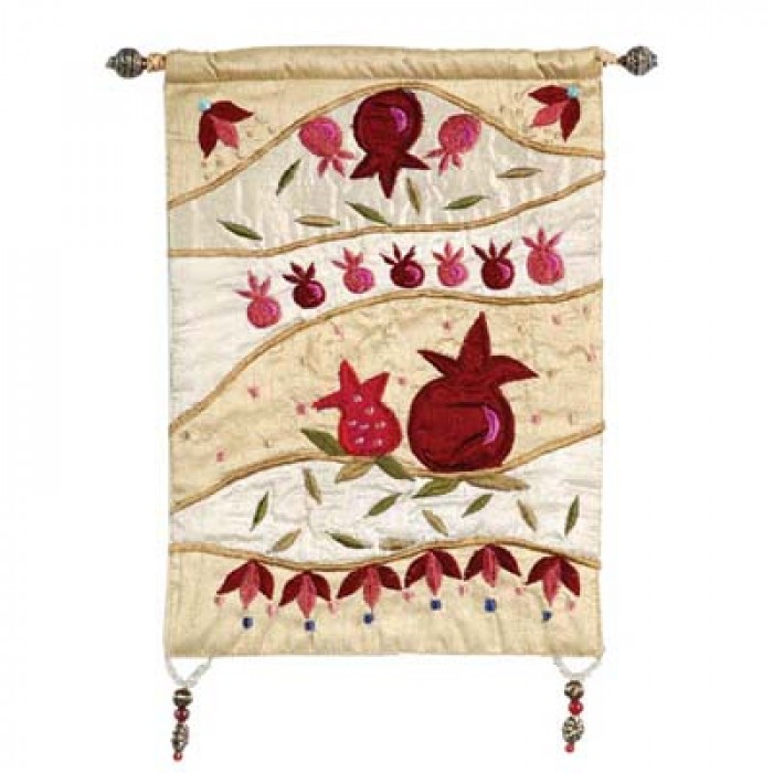 Yair Emanuel Raw Silk Embroidered Wall Decoration with Pomegranates in Gold