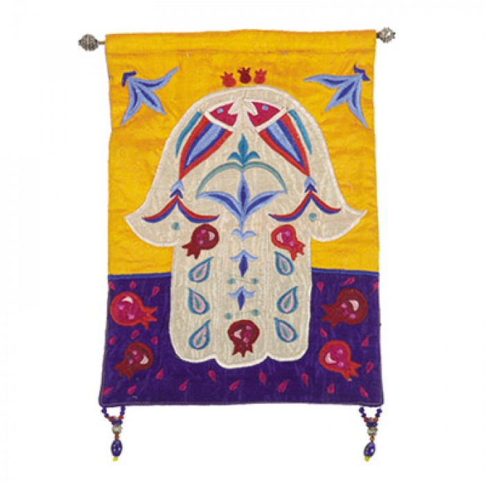 Yair Emanuel Raw Silk Embroidered Small Wall Decoration with Hamsa in Orange