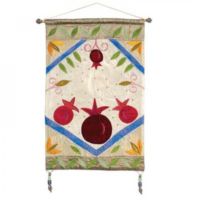 Yair Emanuel Raw Silk Embroidered Wall Hanging with Pomegranates in Gold