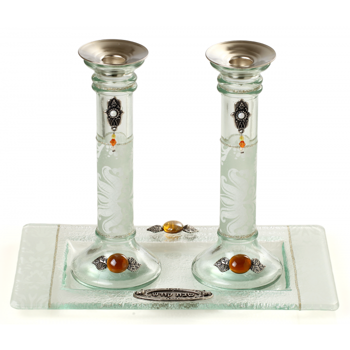 Glass Shabbat Candlesticks with White Flowers and Tray