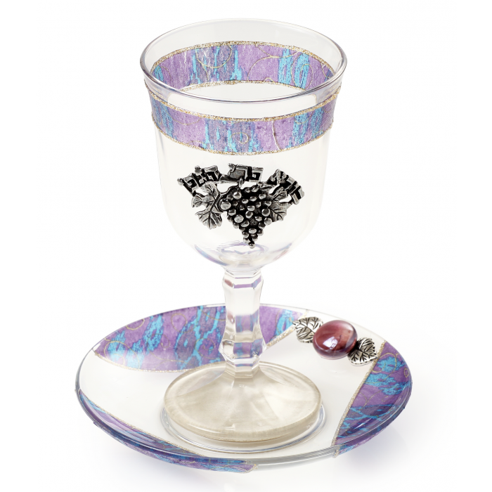 Glass Kiddush Cup of Blue Cracks with Grapes and Purple Beaded Saucer