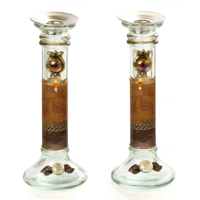 Glass Shabbat Candlesticks with Brown Leaves and Pomegranate
