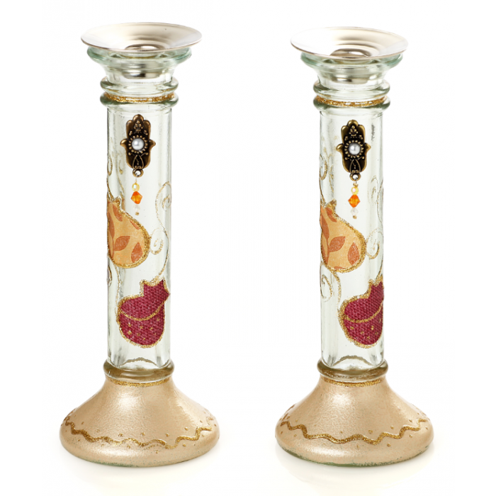 Glass Shabbat Candlesticks with Pomegranates and Hamsa