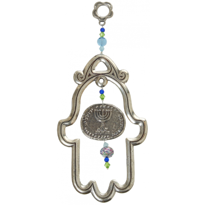 Small Pewter Hollow Hamsa with Menorah Depiction