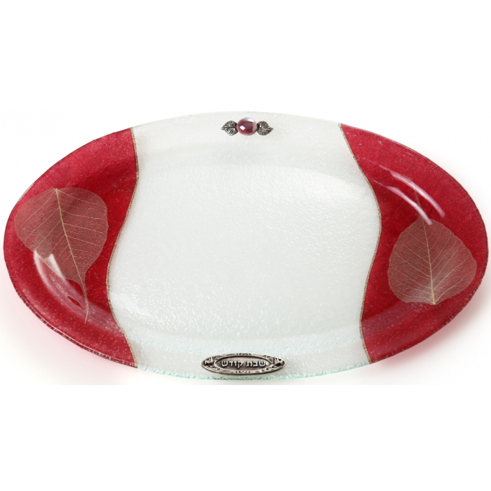 Oval Glass Challah Tray with White Leaves on Red Background