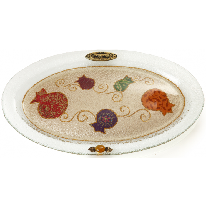 Oval  Glass Challah Tray with Pomegranates and Beige Background