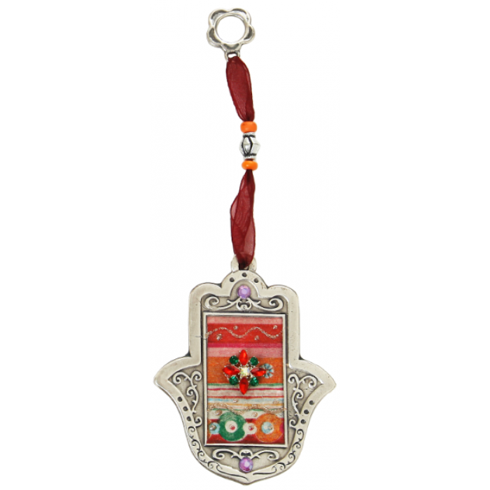 Pewter Decorated Hamsa in Red