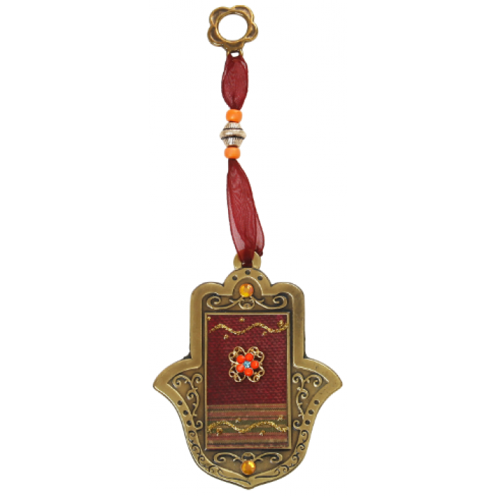 Bronze Decorated Hamsa in Red with Flower