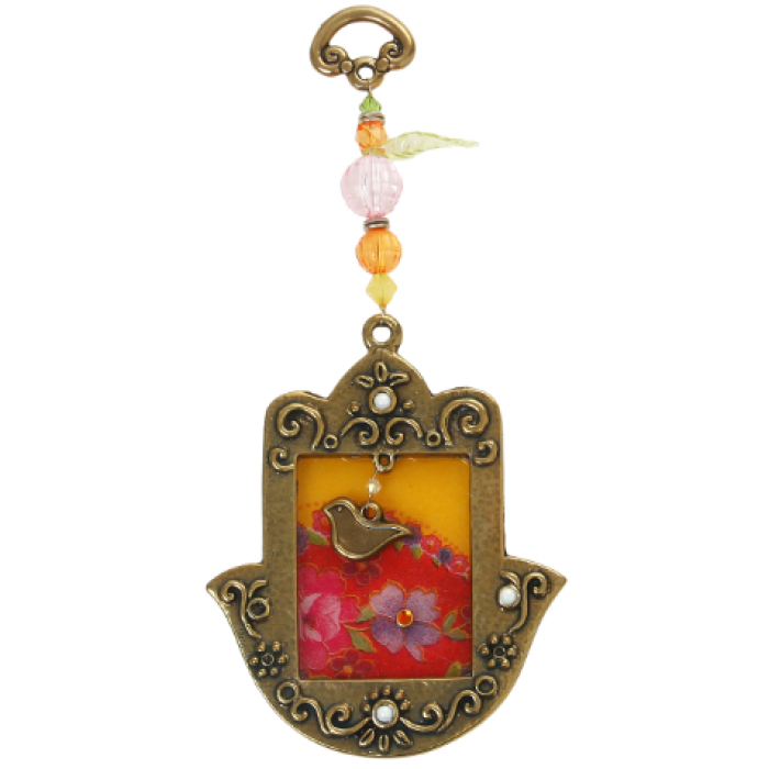 Bronze Hamsa with Glass Tableau in Red and Orange