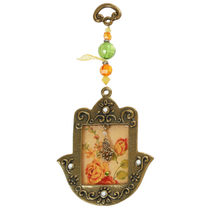  Bronze Hamsa with Glass Tableau in Green and Orange