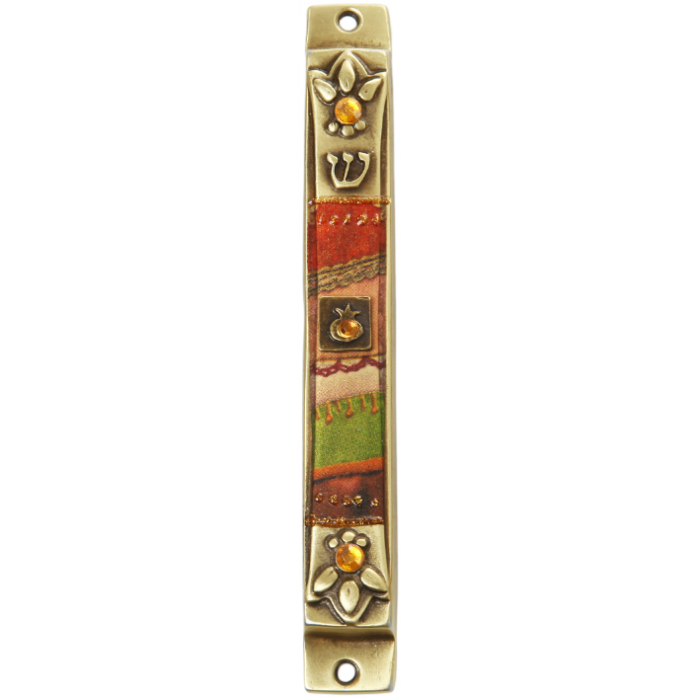 Brass Mezuzah with Fabric Design and Pomegranate
