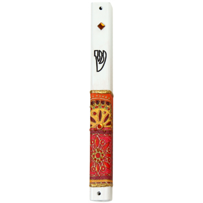 Metal Mezuzah of White with Abstract Jerusalem