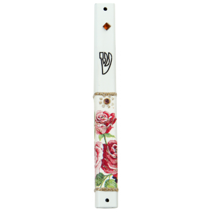 Metal Mezuzah of White with Roses