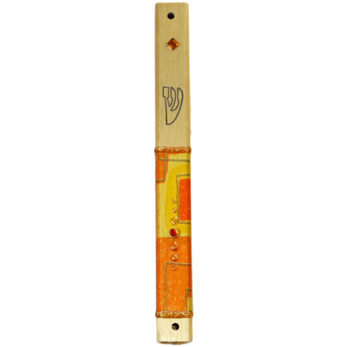 Metal Mezuzah of Gold with Orange and Yellow Boxes