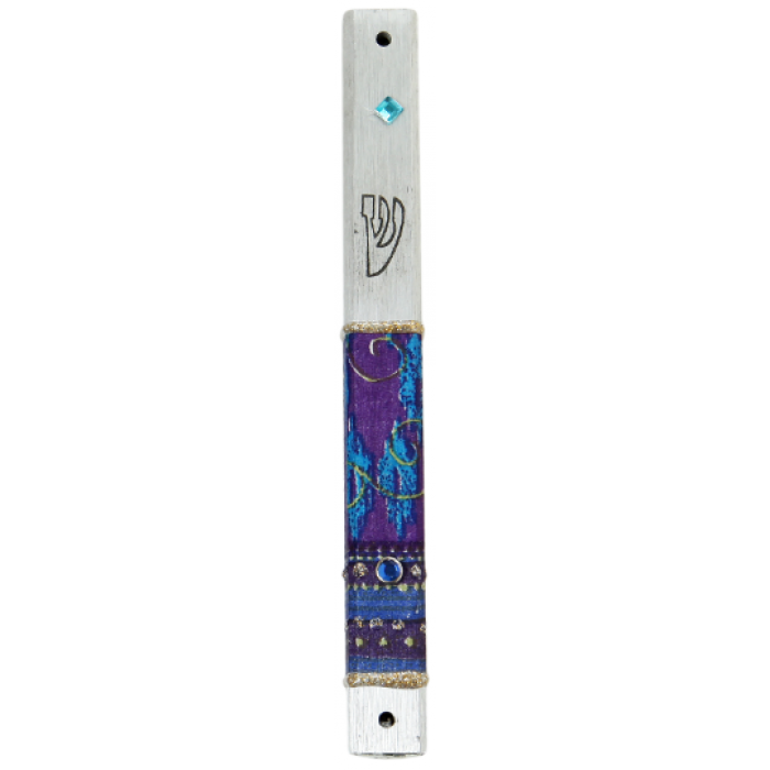 Metal Mezuzah of Silver with Electric Blue