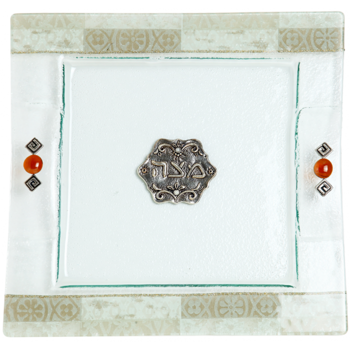 Glass Matzah Plate with Grey Patterns