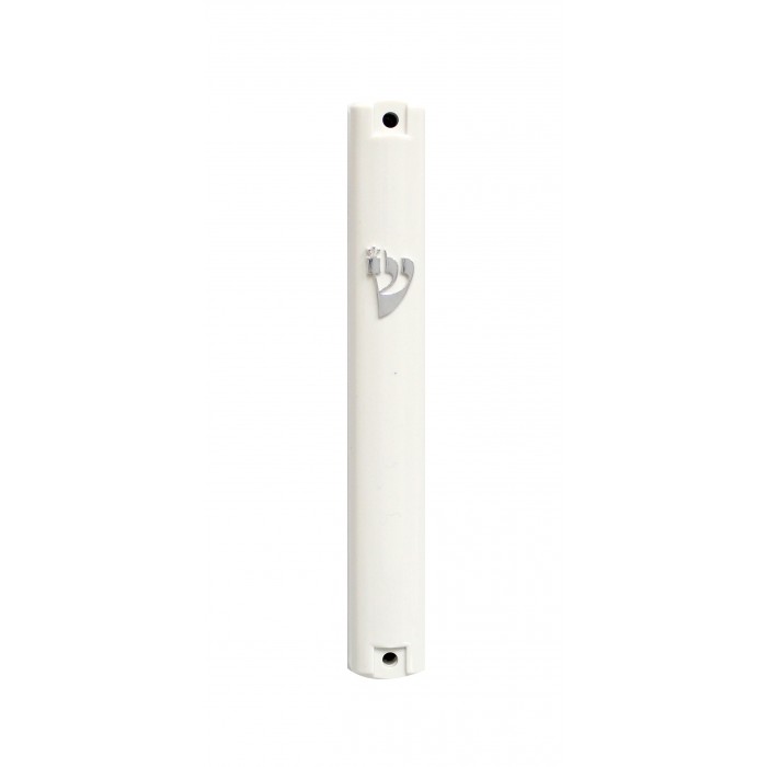 Plastic Mezuzah with Small Traditional Shin in White and Silver