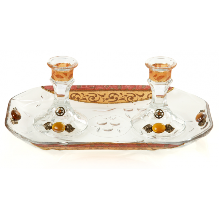 Glass Candlestick Set with Leaves, Beads and Star of David