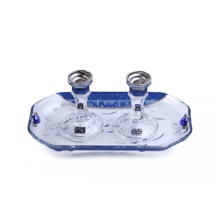 Glass Candlestick Set with Tray, Hamsas and Hebrew Plaques