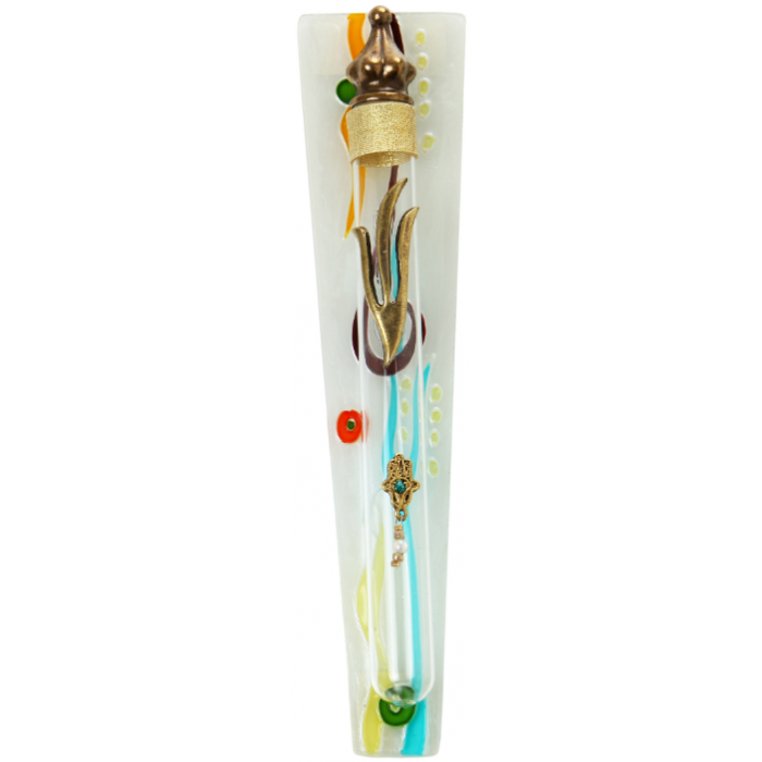 Stained Glass Mezuzah with Gold Stripe, Shin, Flowers and Hamsa