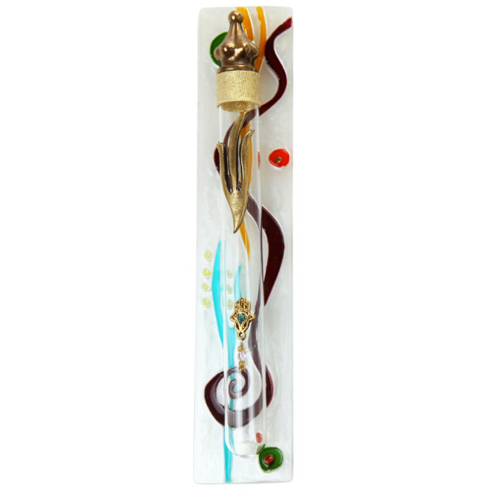 Stained Glass Mezuzah with Brown, Orange and Blue Lines