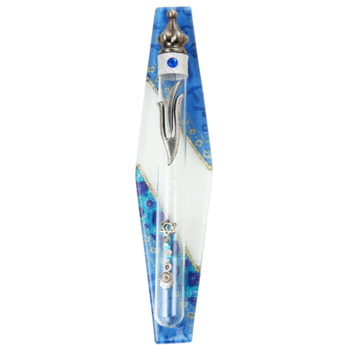 Glass Mezuzah with Rhomboid Shape, Shin, Star of David and Blue Floral Pattern