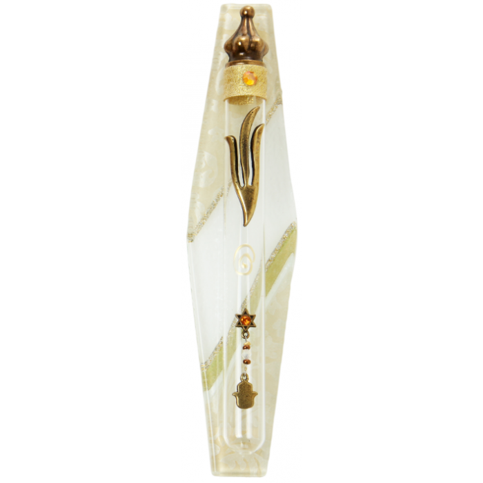 Glass Mezuzah with White Floral Pattern, Gold Shin, Star of David and Hamsa